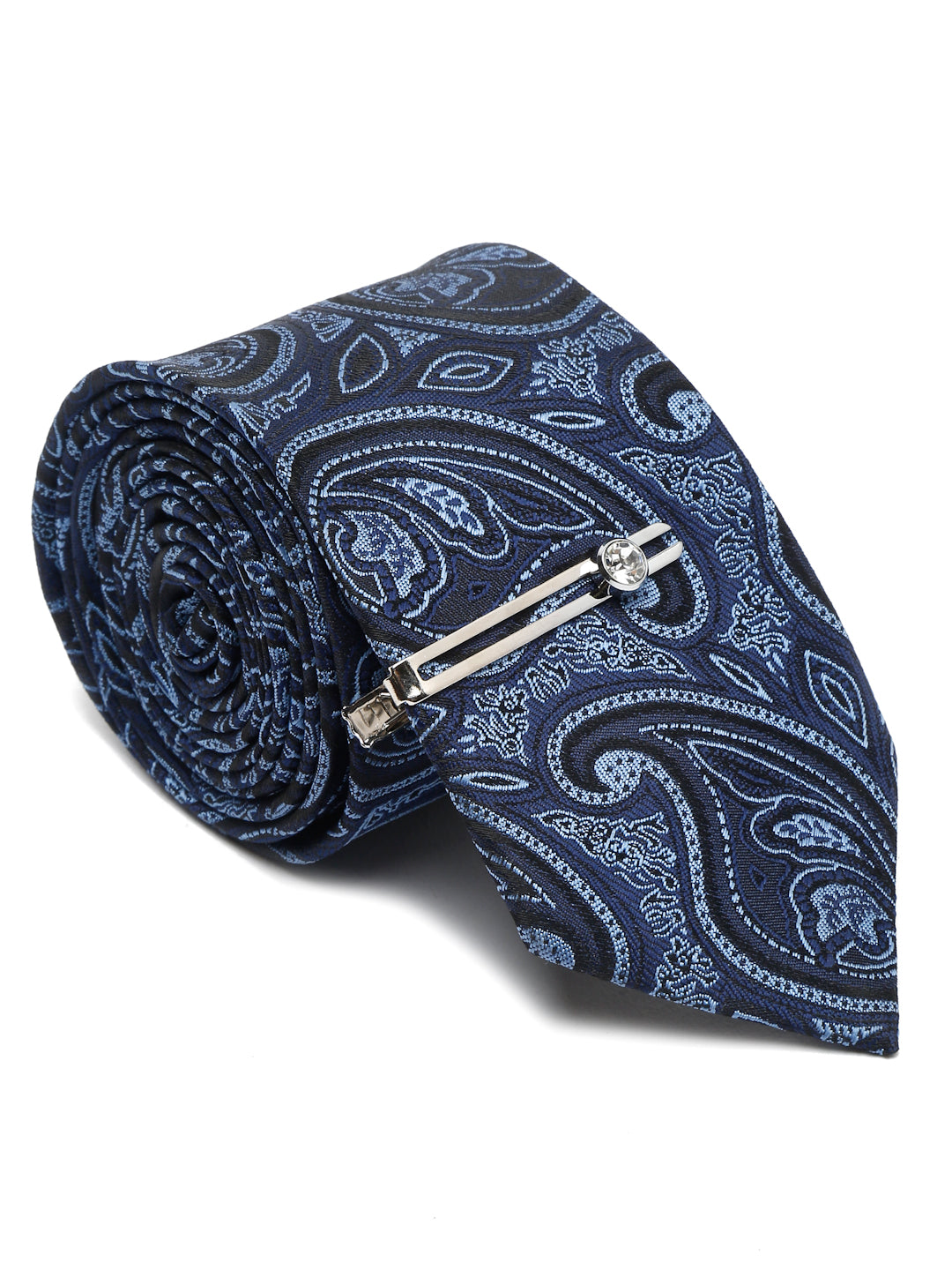 Yale Blue Luxury Italian Silk Necktie Set With Pocket Square Chrome Tie pin