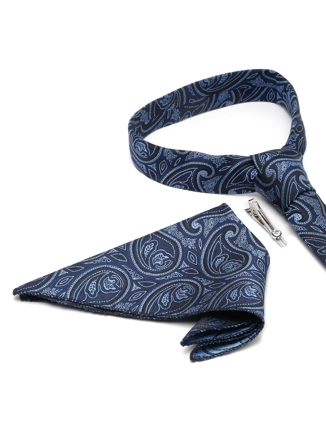 Yale Blue Luxury Italian Silk Necktie Set With Pocket Square Chrome Tie pin