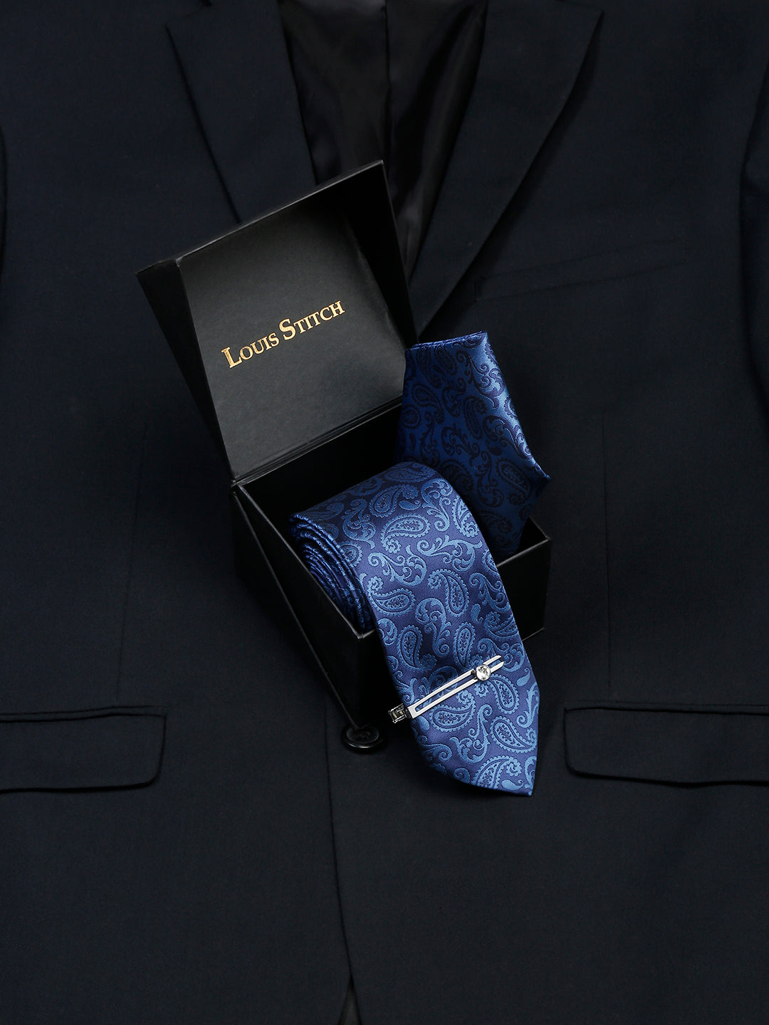 Cobalt Blue Luxury Italian Silk Necktie Set With Pocket Square Chrome Tie pin