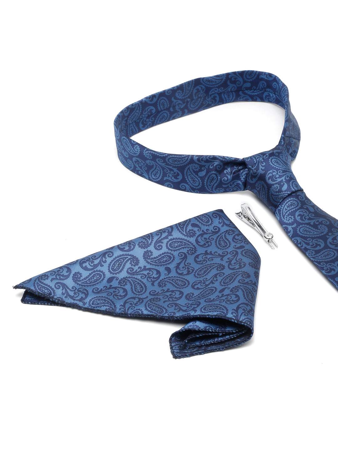 Cobalt Blue Luxury Italian Silk Necktie Set With Pocket Square Chrome Tie pin
