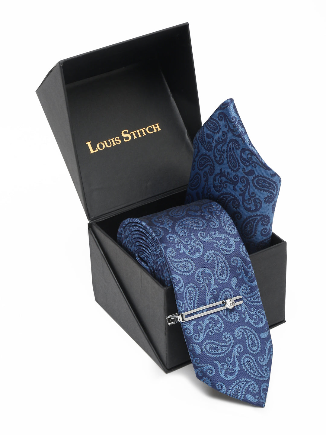 Cobalt Blue Luxury Italian Silk Necktie Set With Pocket Square Chrome Tie pin