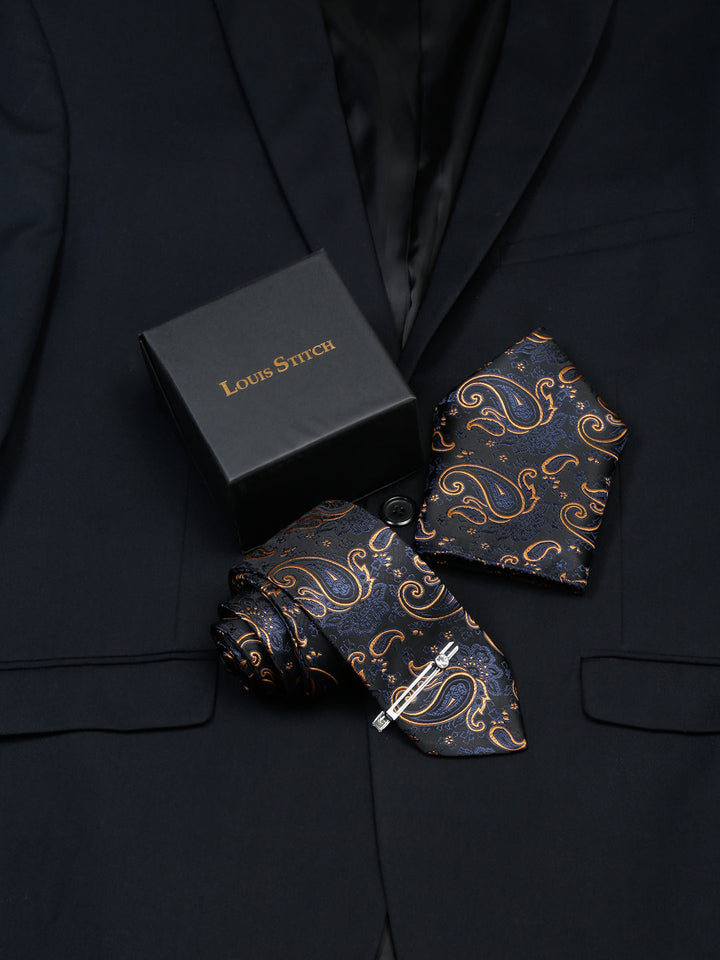  Sapphire Blue Luxury Italian Silk Necktie Set With Pocket Square Chrome Tie pin