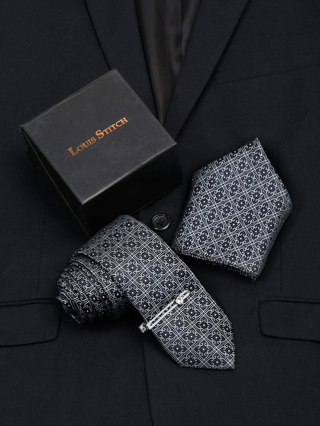 Denim Blue Italian Silk Necktie Set Pocket Square Chrome Tiepin