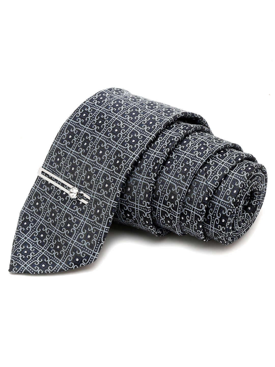 Denim Blue Italian Silk Necktie Set Pocket Square Chrome Tiepin