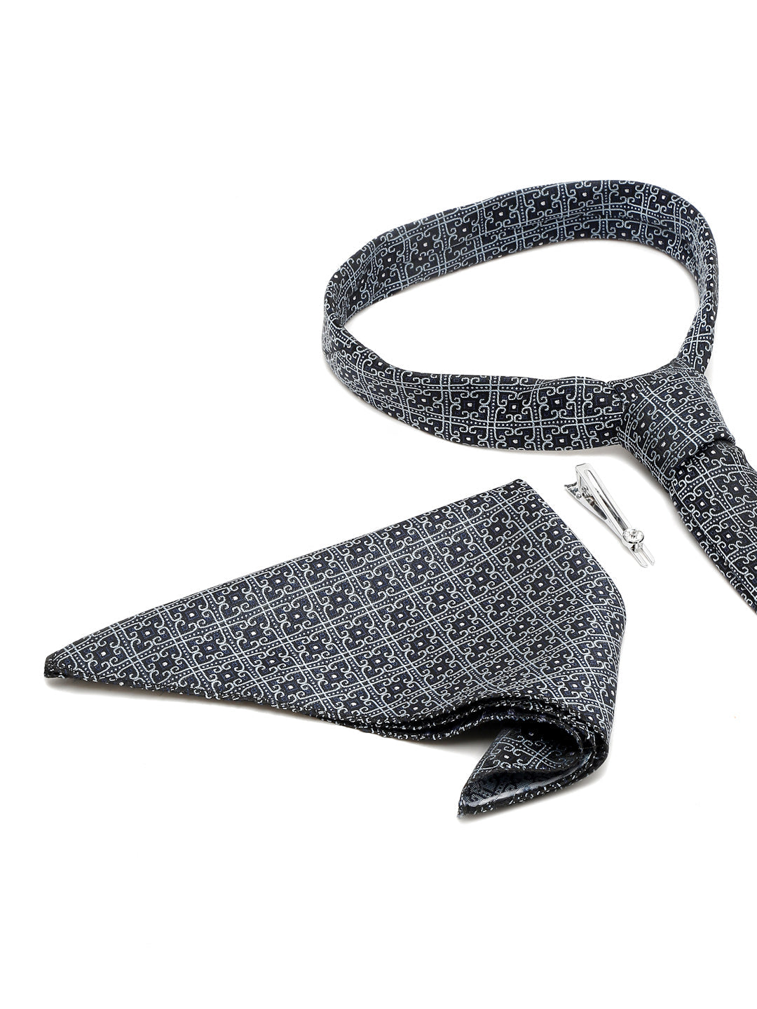Denim Blue Italian Silk Necktie Set Pocket Square Chrome Tiepin
