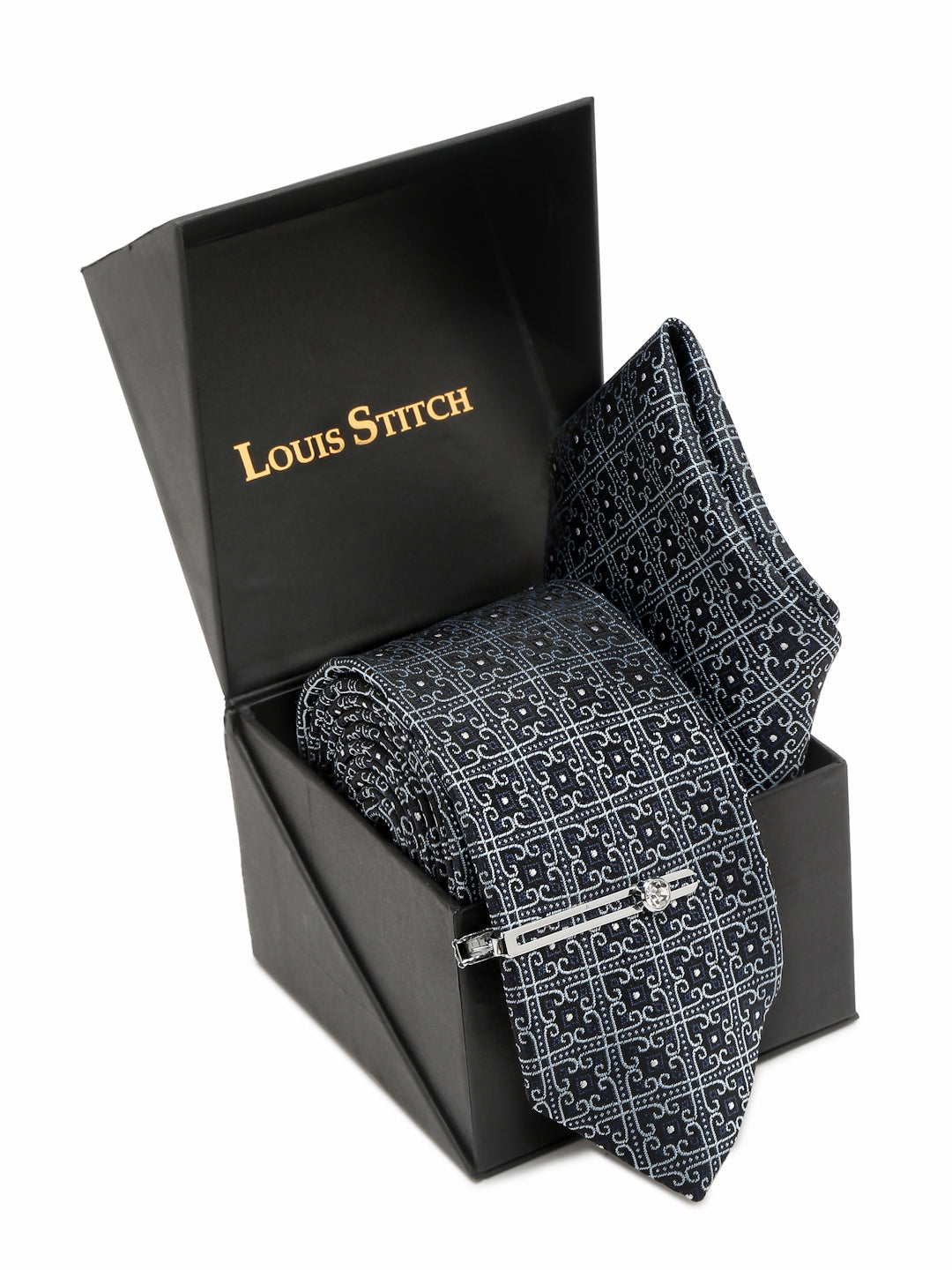 Denim Blue Italian Silk Necktie Set Pocket Square Chrome Tiepin