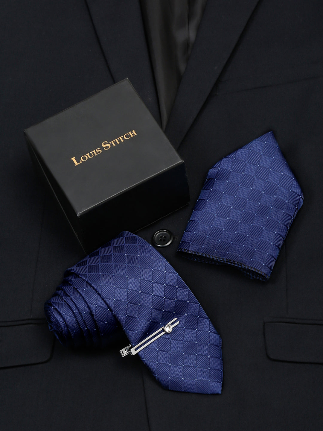 Marine Blue Italian Silk Necktie Set Pocket Square Chrome Tiepin