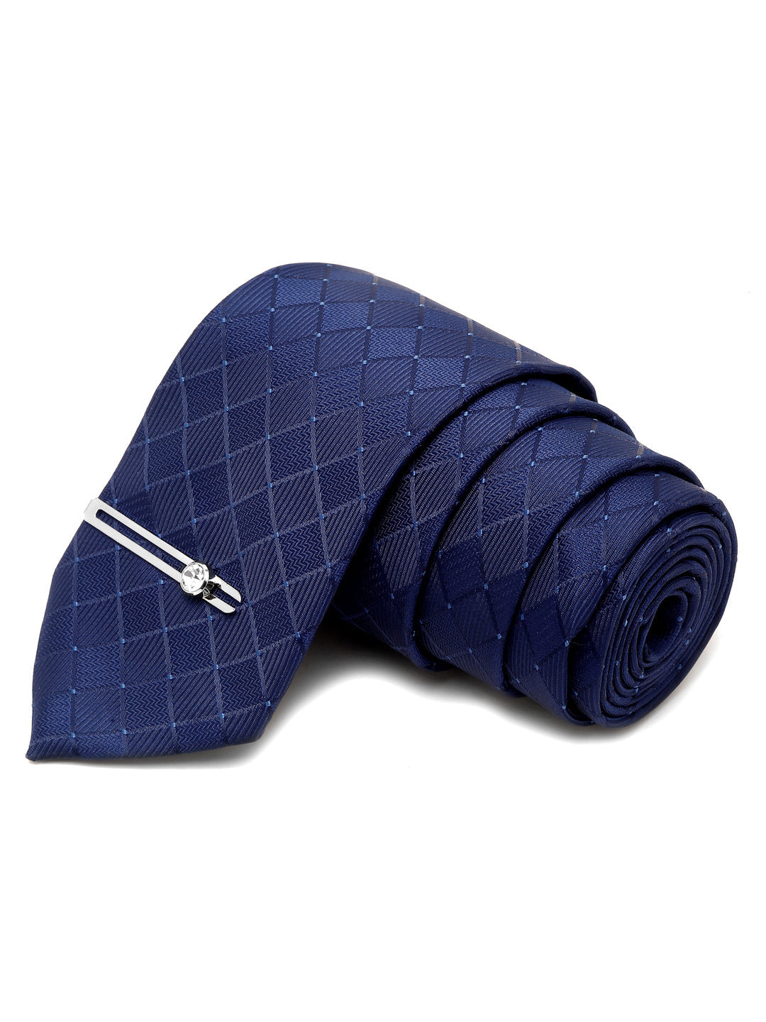 Marine Blue Italian Silk Necktie Set Pocket Square Chrome Tiepin