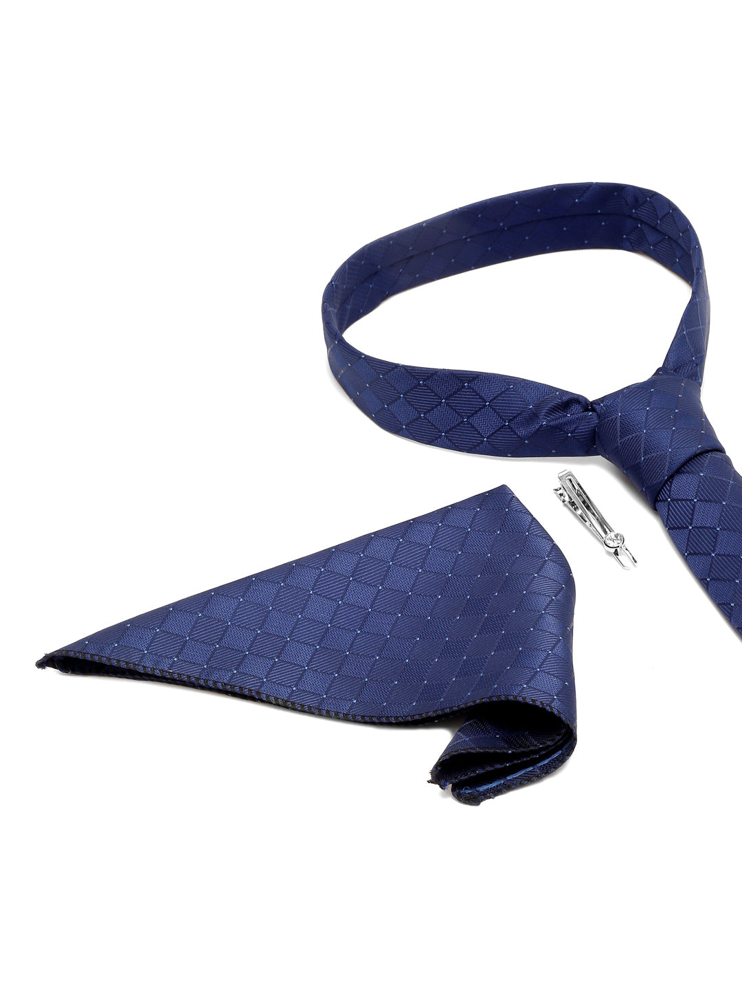 Marine Blue Italian Silk Necktie Set Pocket Square Chrome Tiepin