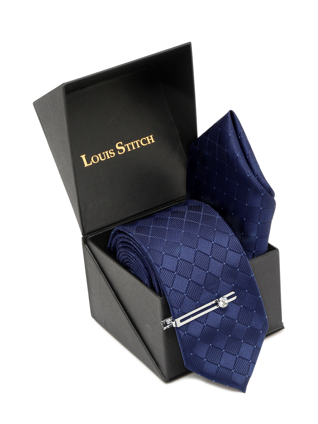 Marine Blue Italian Silk Necktie Set Pocket Square Chrome Tiepin