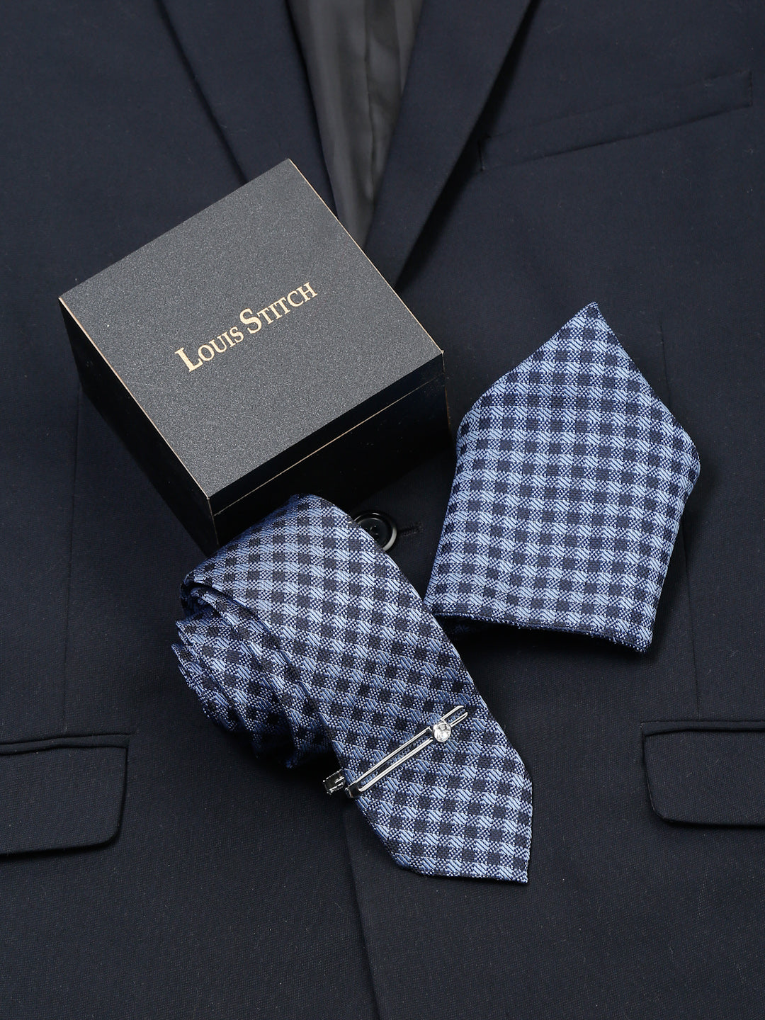 Space Blue Luxury Italian Silk Necktie Set With Pocket Square Chrome Tie pin