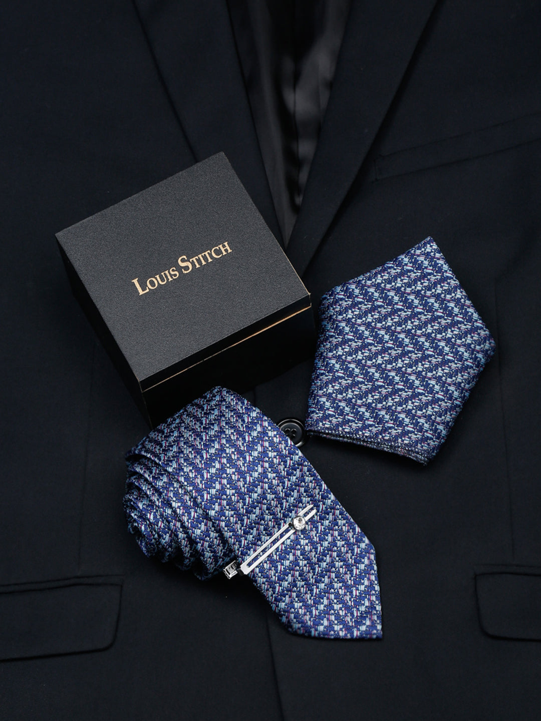 Pigeon Blue Luxury Italian Silk Necktie Set With Pocket Square Chrome Tie pin