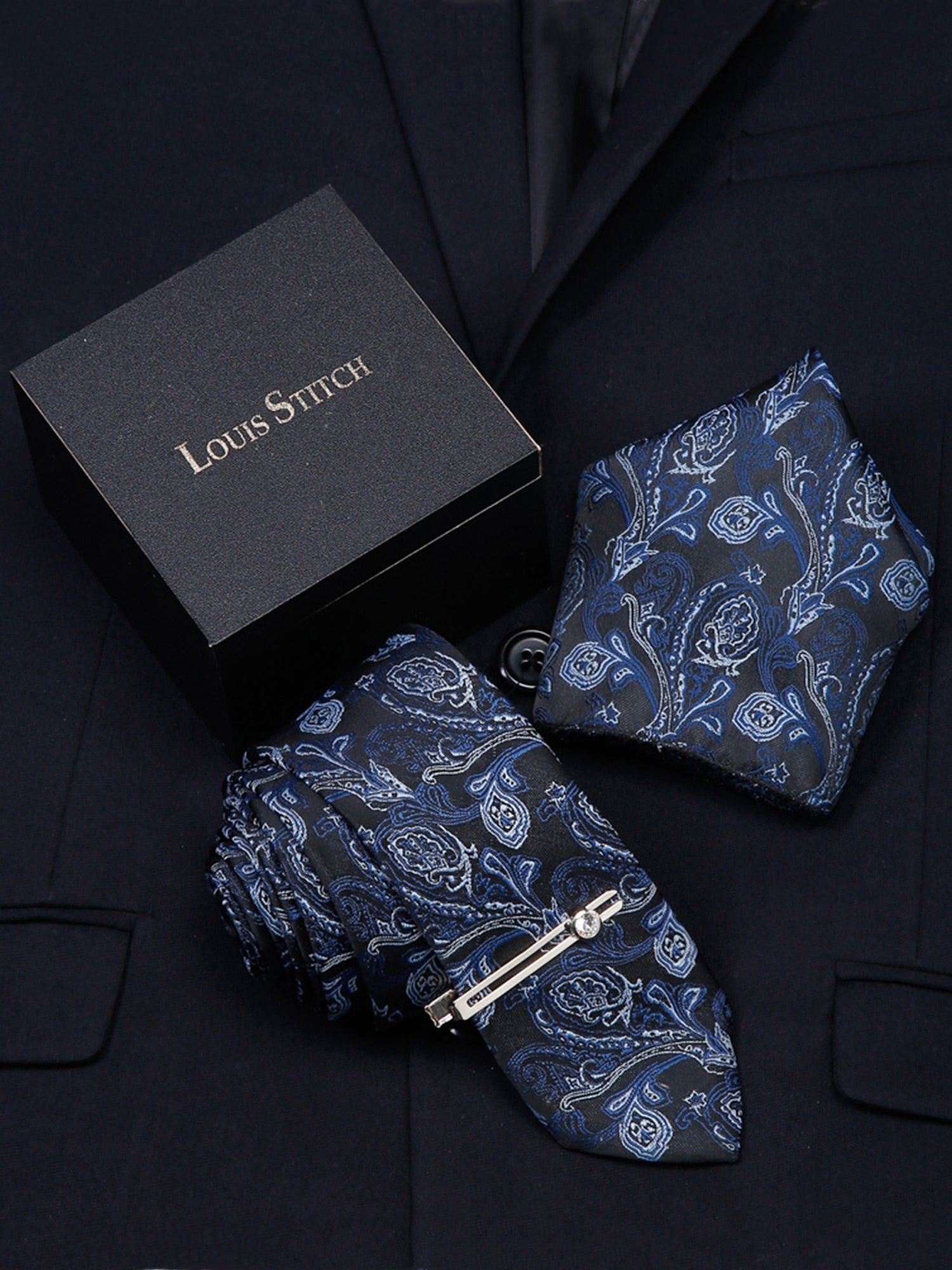 Carolina Blue Luxury Italian Silk Necktie Set With Pocket Square Chrome Tie pin