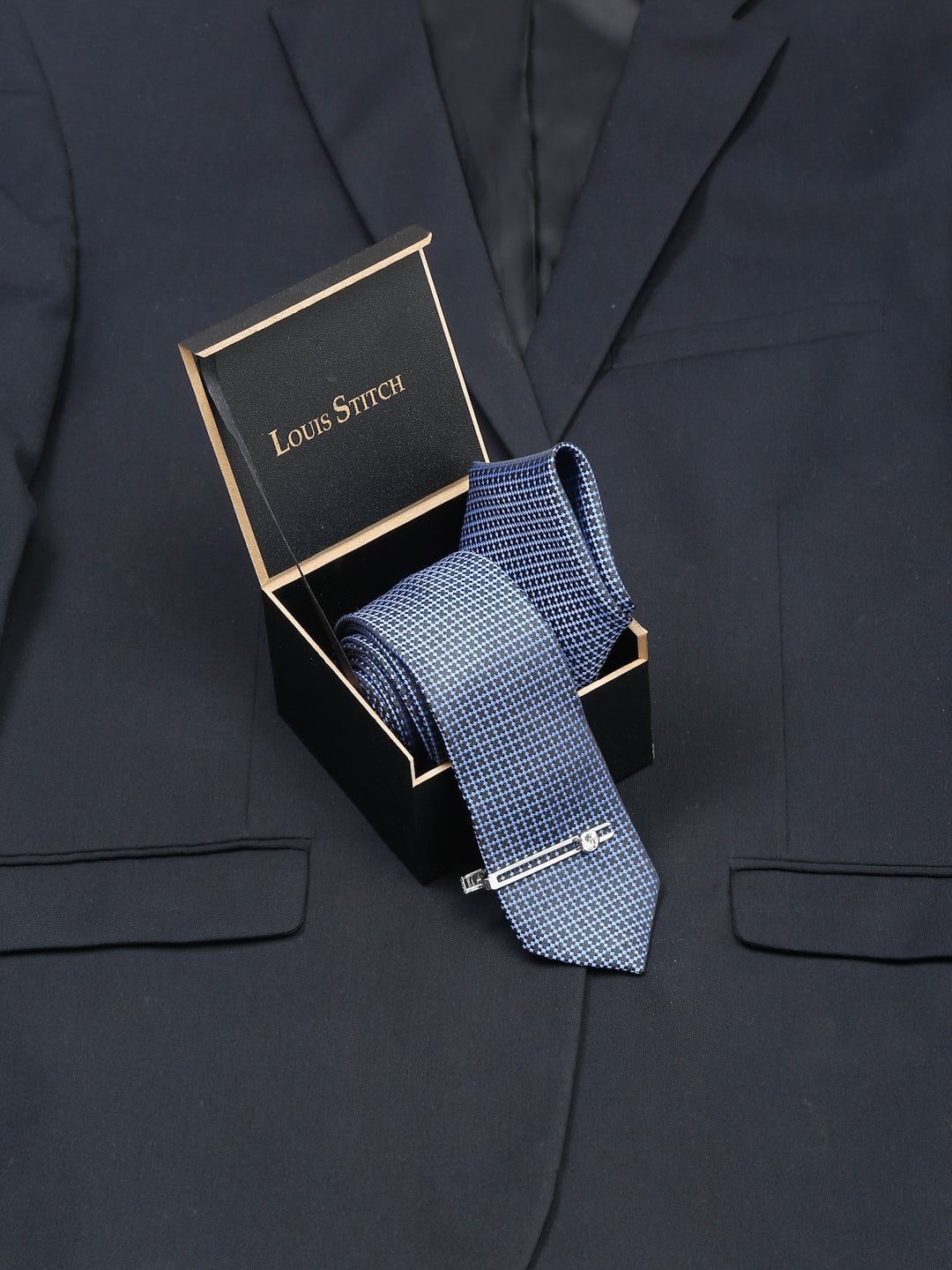 Aegean Blue Luxury Italian Silk Necktie Set With Pocket Square Chrome Tie pin