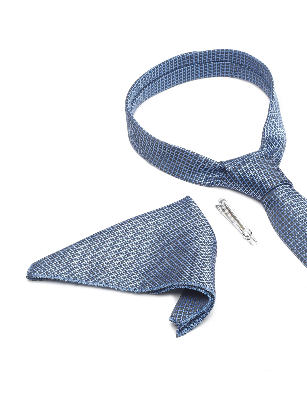 Aegean Blue Luxury Italian Silk Necktie Set With Pocket Square Chrome Tie pin