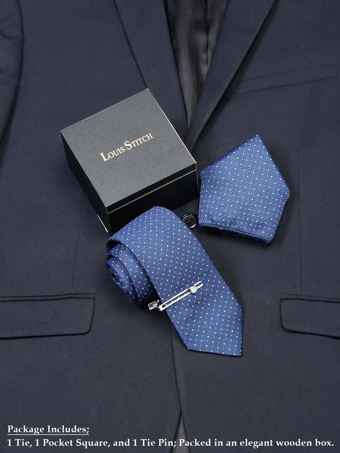 Midnight Blue Luxury Italian Silk Necktie Set With Pocket Square Chrome Tie pin