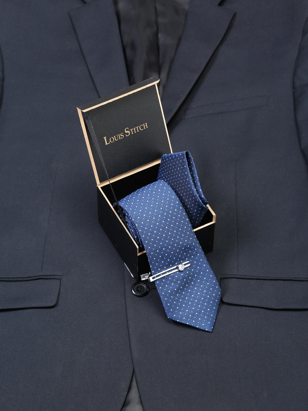Midnight Blue Luxury Italian Silk Necktie Set With Pocket Square Chrome Tie pin