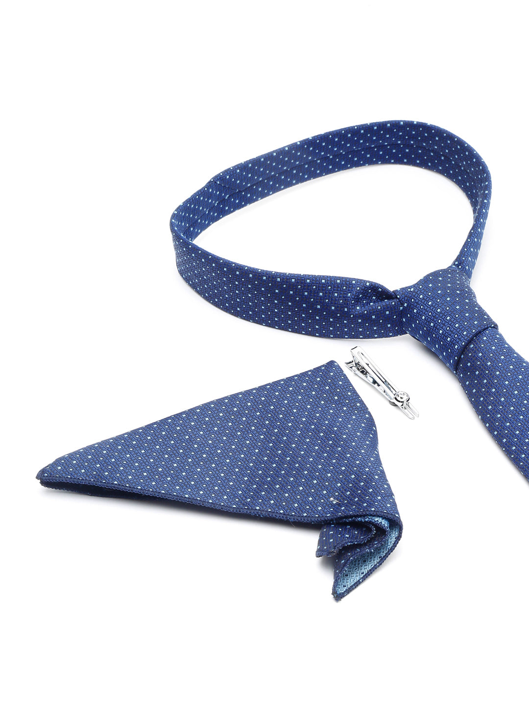Midnight Blue Luxury Italian Silk Necktie Set With Pocket Square Chrome Tie pin