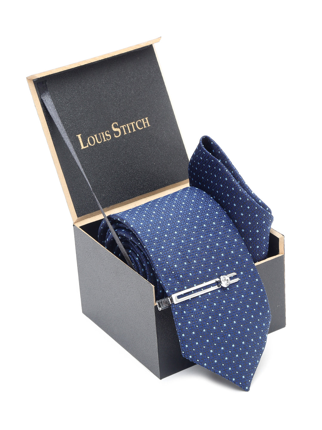 Midnight Blue Luxury Italian Silk Necktie Set With Pocket Square Chrome Tie pin