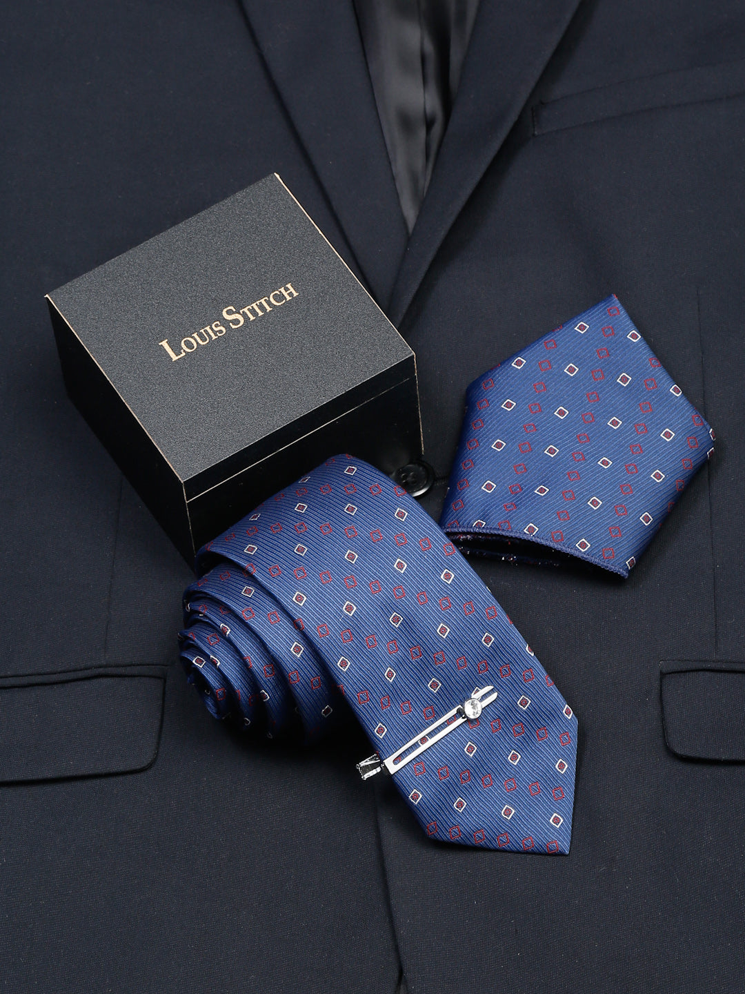 Navy Blue Luxury Italian Silk Necktie Set With Pocket Square Chrome Tie pin
