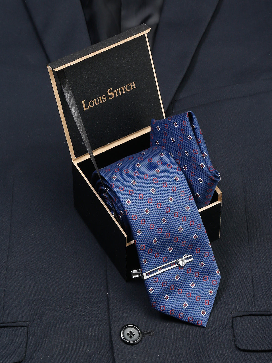 Navy Blue Luxury Italian Silk Necktie Set With Pocket Square Chrome Tie pin