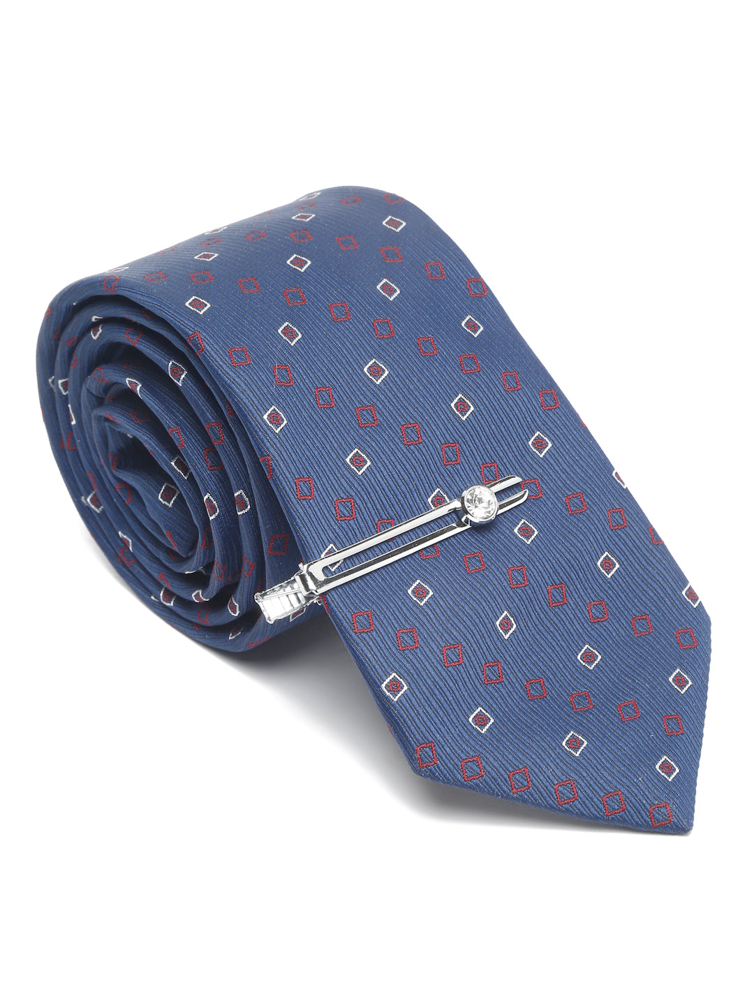 Navy Blue Luxury Italian Silk Necktie Set With Pocket Square Chrome Tie pin
