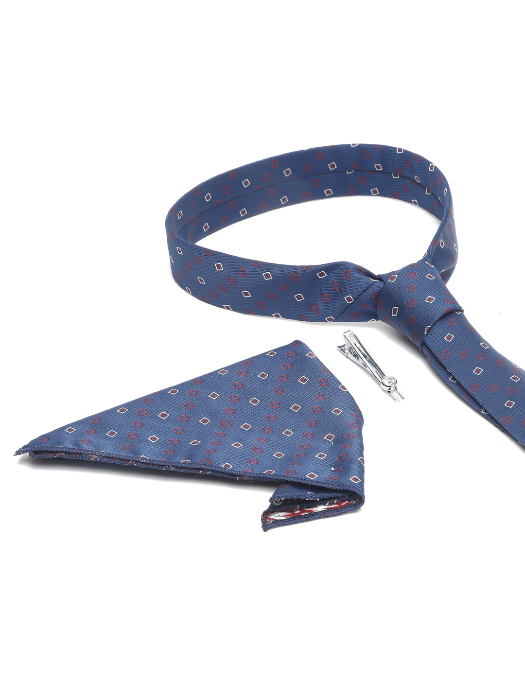 Navy Blue Luxury Italian Silk Necktie Set With Pocket Square Chrome Tie pin