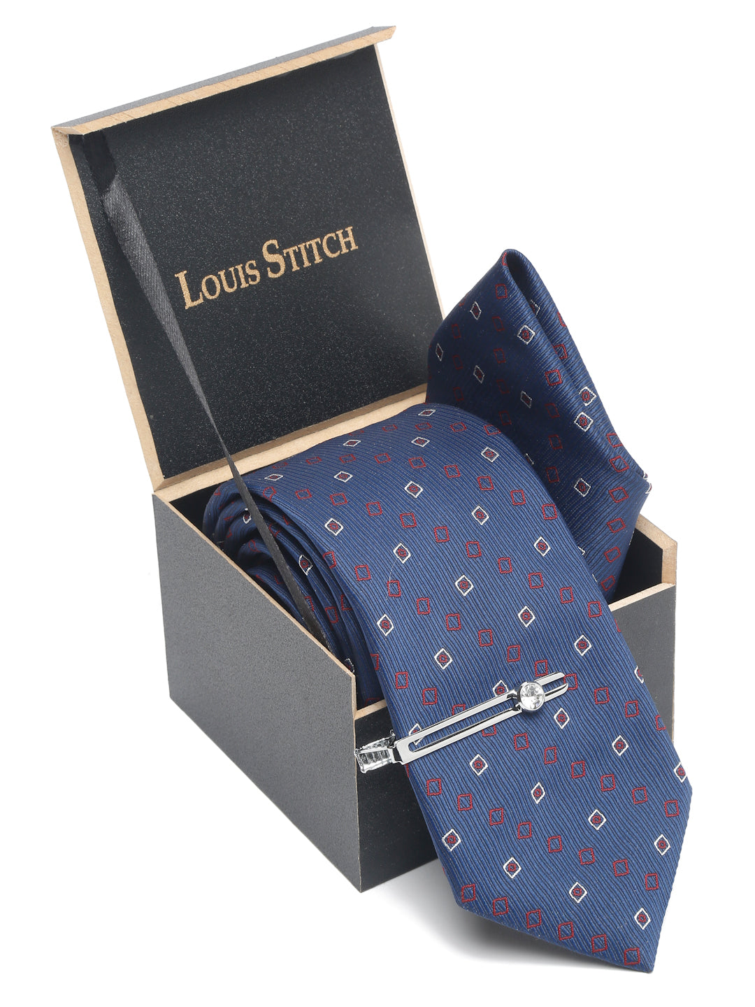 Navy Blue Luxury Italian Silk Necktie Set With Pocket Square Chrome Tie pin