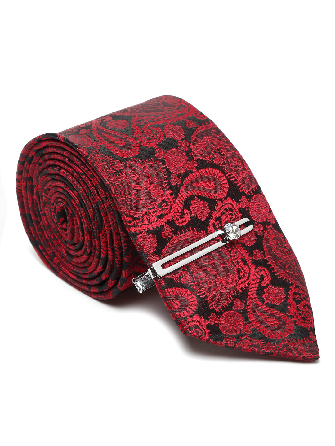 Crimson Red Luxury Italian Silk Necktie Set With Pocket Square Chrome Tie pin
