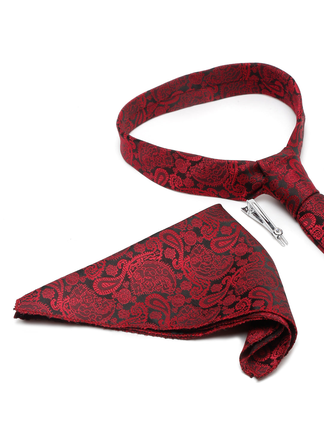 Crimson Red Luxury Italian Silk Necktie Set With Pocket Square Chrome Tie pin