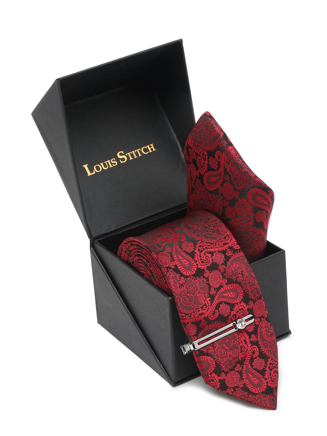 Crimson Red Luxury Italian Silk Necktie Set With Pocket Square Chrome Tie pin