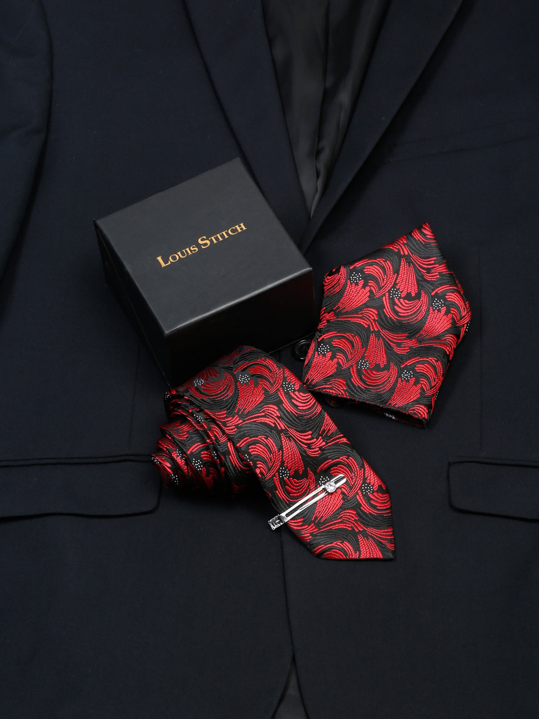 Ruby Red Luxury Italian Silk Necktie Set With Pocket Square Chrome Tie pin