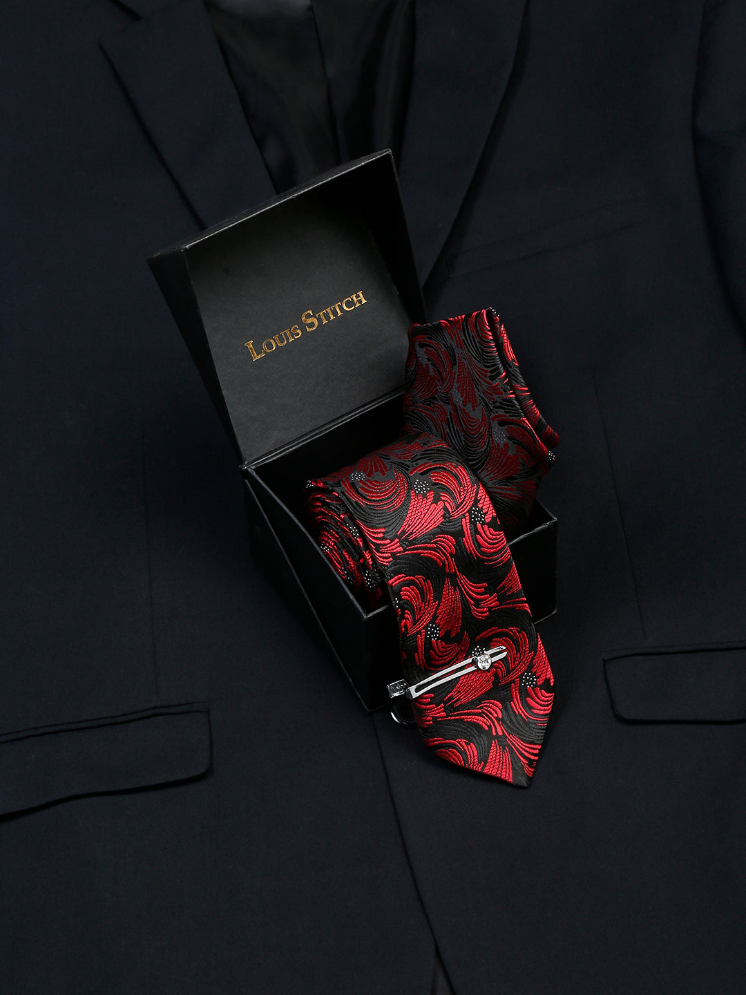 Ruby Red Luxury Italian Silk Necktie Set With Pocket Square Chrome Tie pin