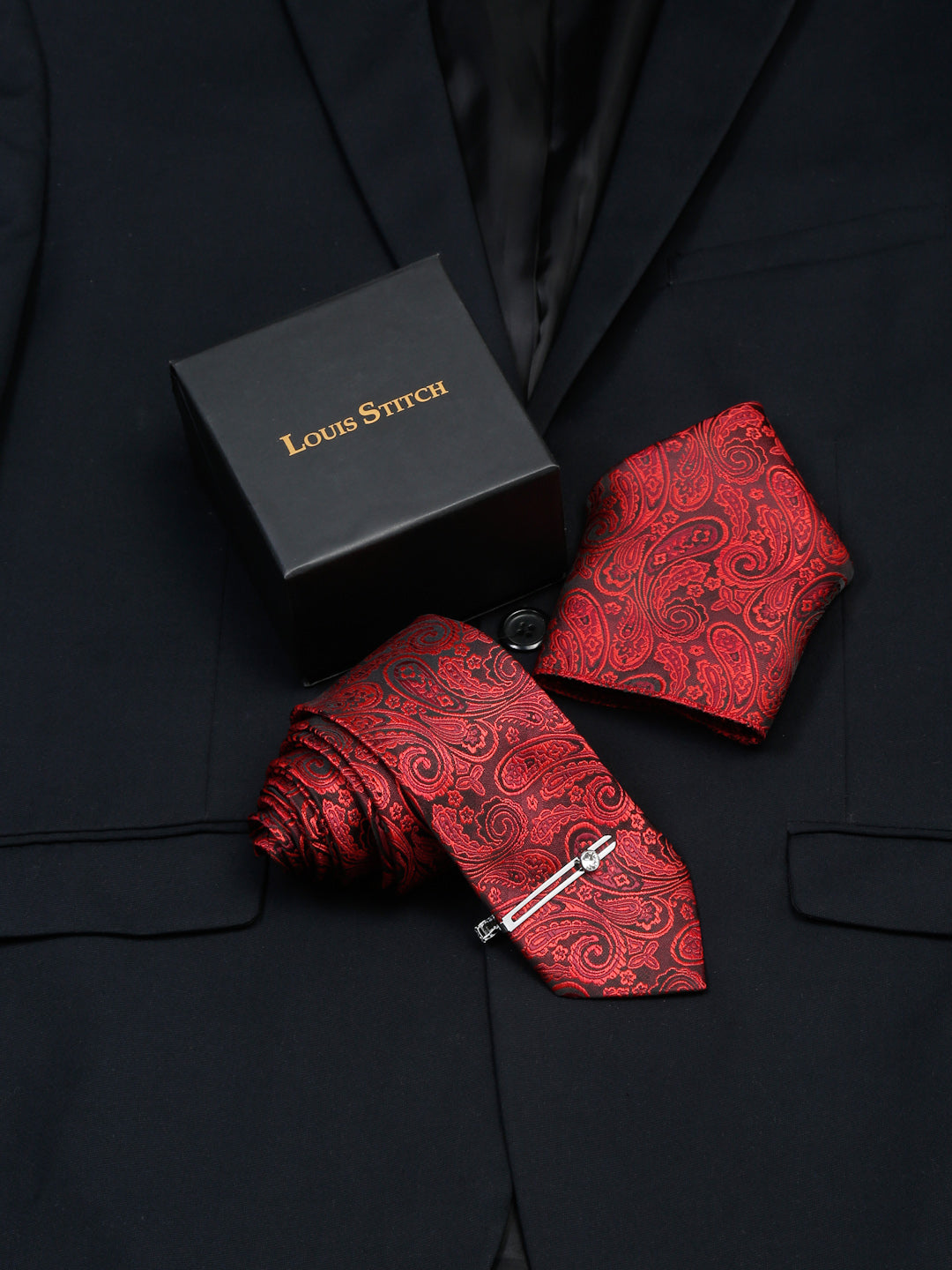 Ferrari red Luxury Italian Silk Necktie Set With Pocket Square Chrome Tie pin