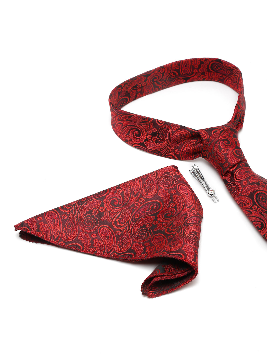 Ferrari red Luxury Italian Silk Necktie Set With Pocket Square Chrome Tie pin