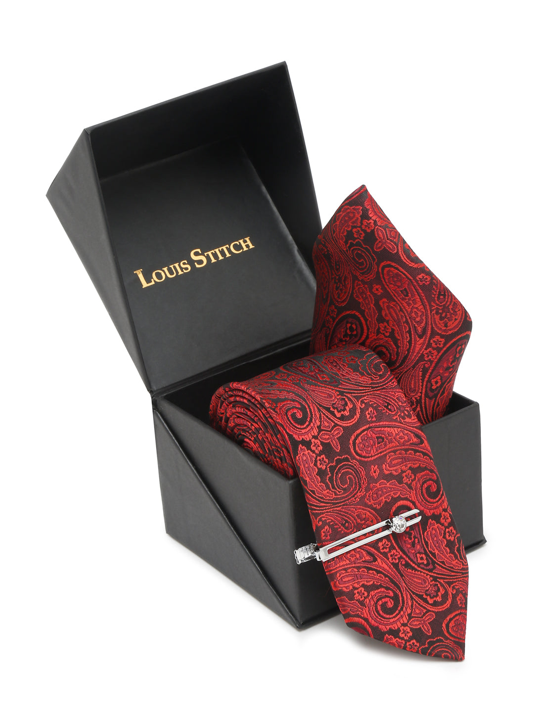 Ferrari red Luxury Italian Silk Necktie Set With Pocket Square Chrome Tie pin