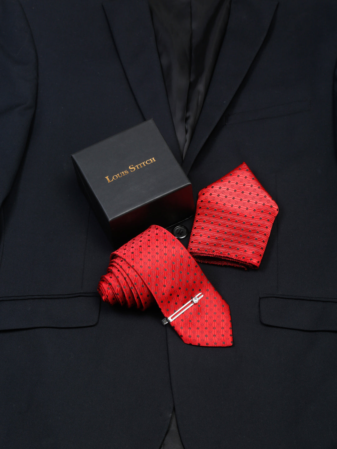 Indian Red Luxury Italian Silk Necktie Set With Pocket Square Chrome Tie pin
