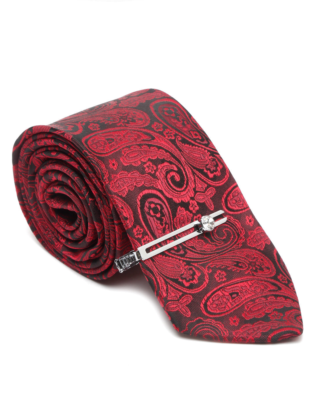 Persian Red Luxury Italian Silk Necktie Set With Pocket Square Chrome Tie pin