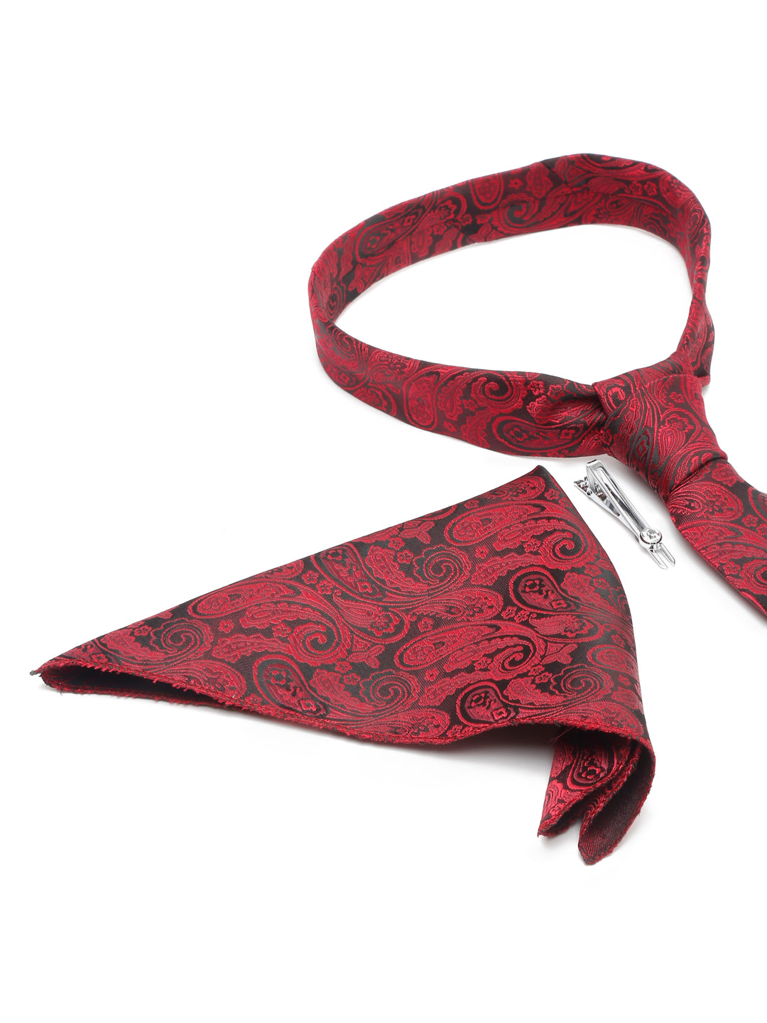 Persian Red Luxury Italian Silk Necktie Set With Pocket Square Chrome Tie pin