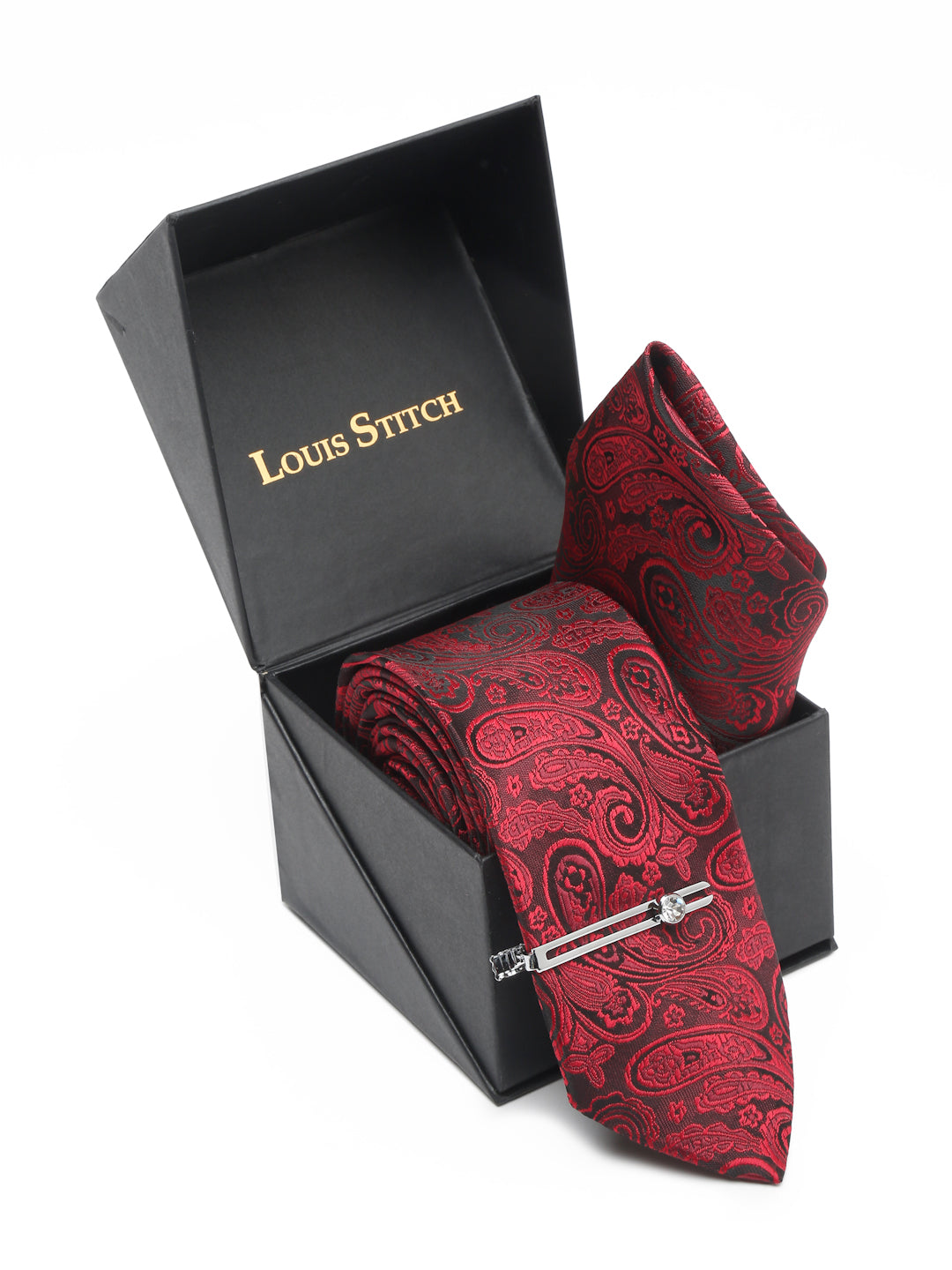 Persian Red Luxury Italian Silk Necktie Set With Pocket Square Chrome Tie pin