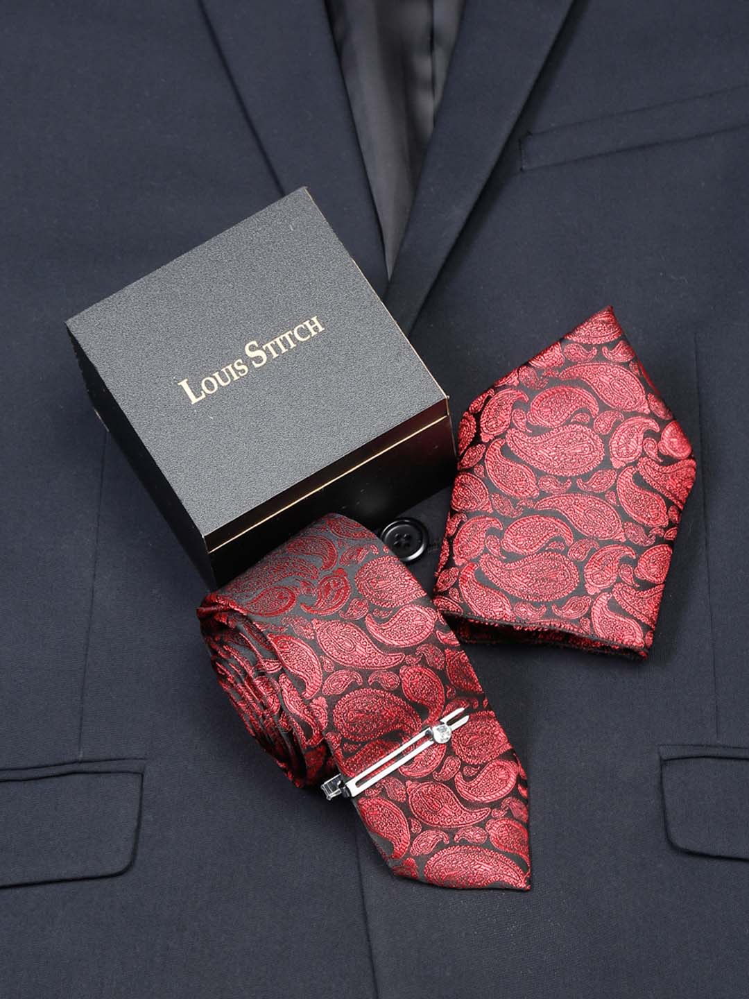 Wine Red Luxury Italian Silk Necktie Set With Pocket Square Chrome Tie pin