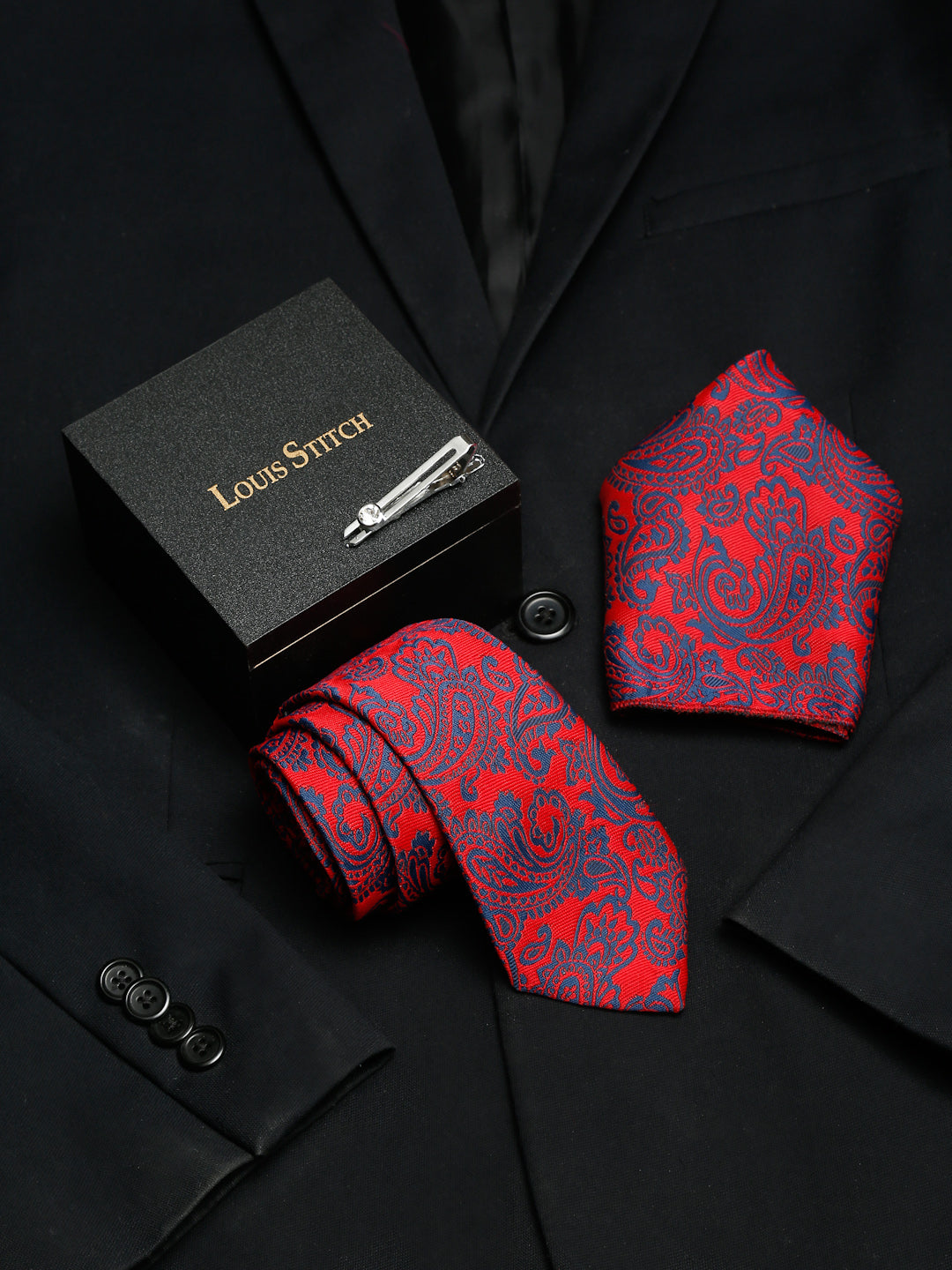 Candy Red Luxury Italian Silk Necktie Set With Pocket Square Chrome Tie pin