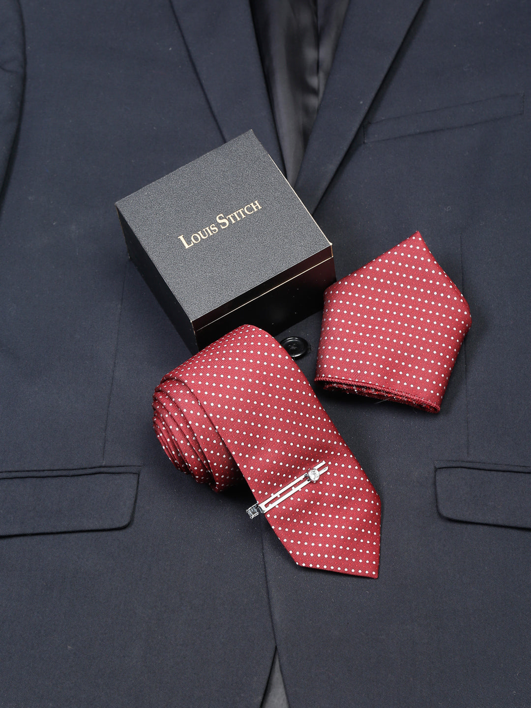 Polka Red Luxury Italian Silk Necktie Set With Pocket Square Chrome Tie pin