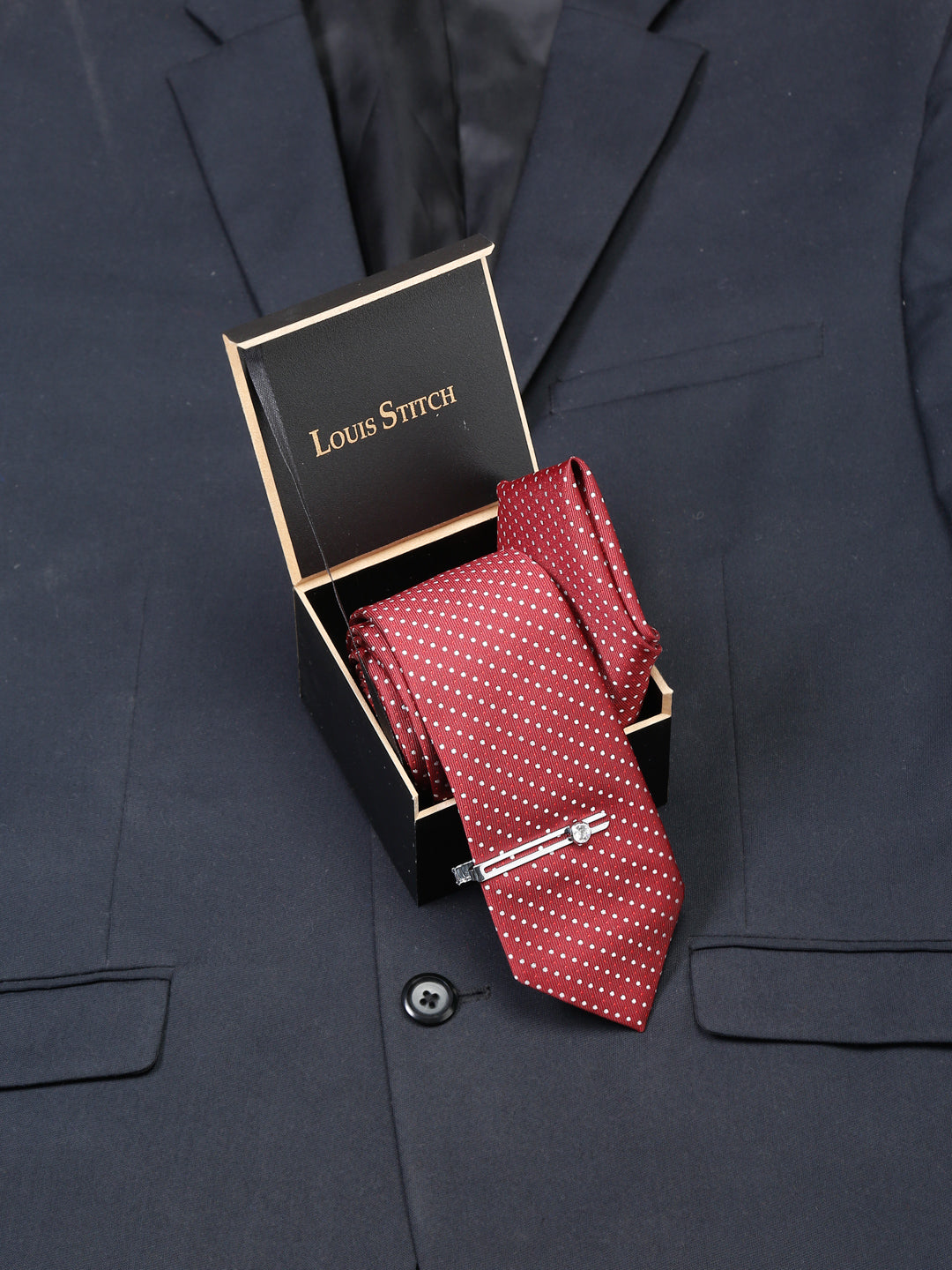 Polka Red Luxury Italian Silk Necktie Set With Pocket Square Chrome Tie pin