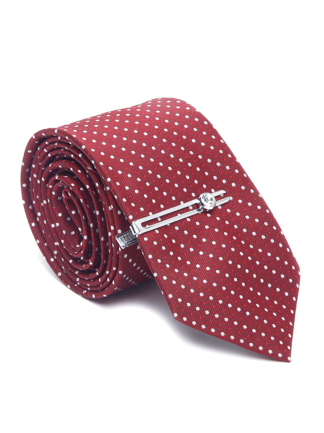 Polka Red Luxury Italian Silk Necktie Set With Pocket Square Chrome Tie pin