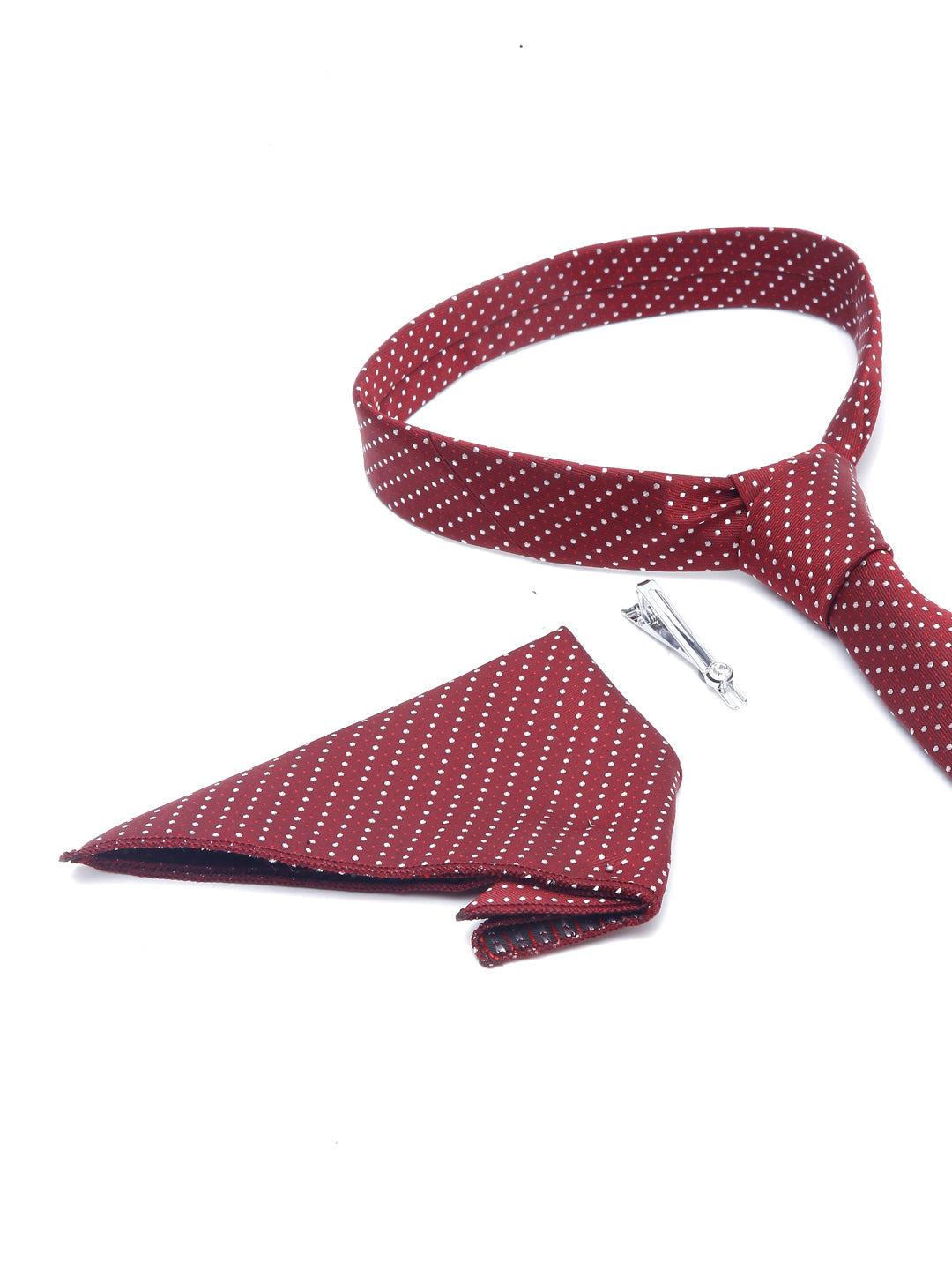 Polka Red Luxury Italian Silk Necktie Set With Pocket Square Chrome Tie pin