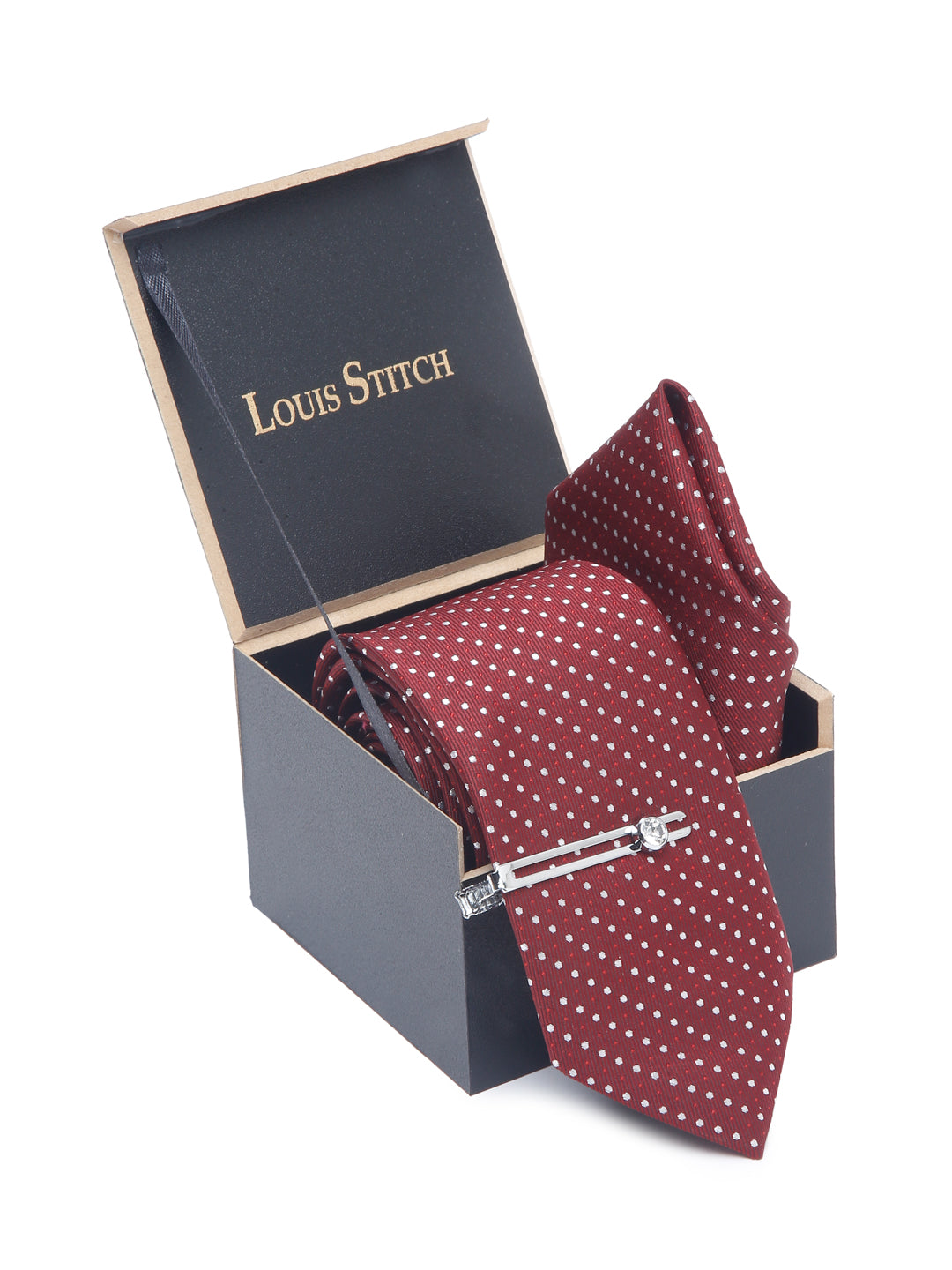 Polka Red Luxury Italian Silk Necktie Set With Pocket Square Chrome Tie pin