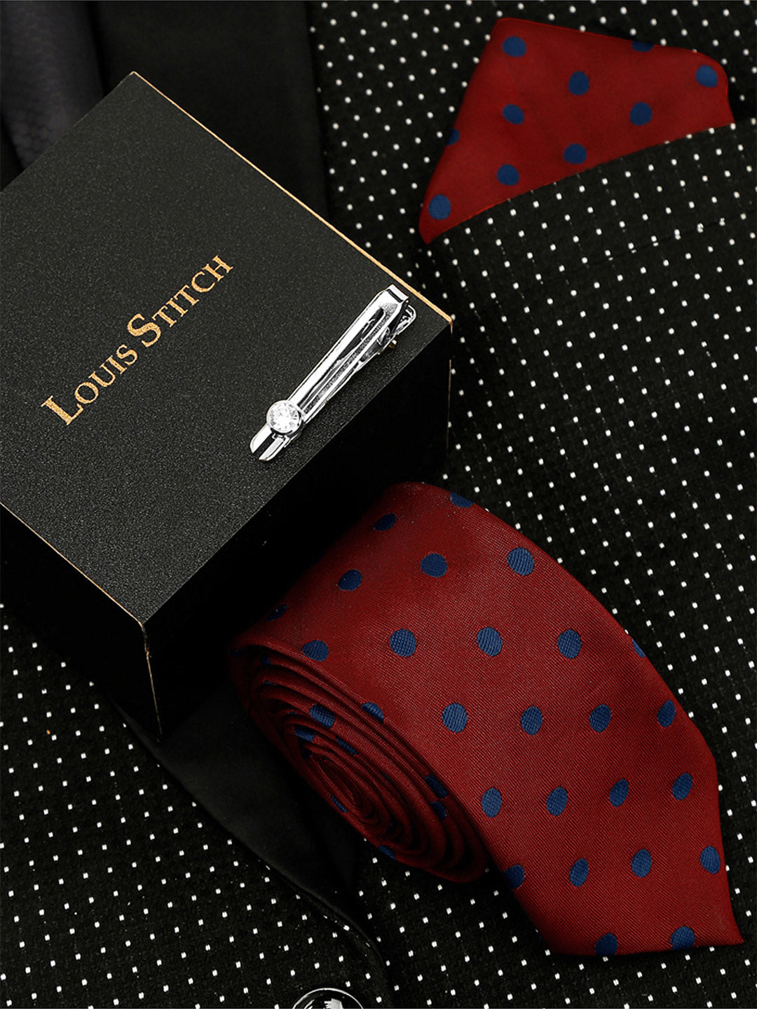 Polka Red Luxury Italian Silk Necktie Set With Pocket Square Chrome Tie pin