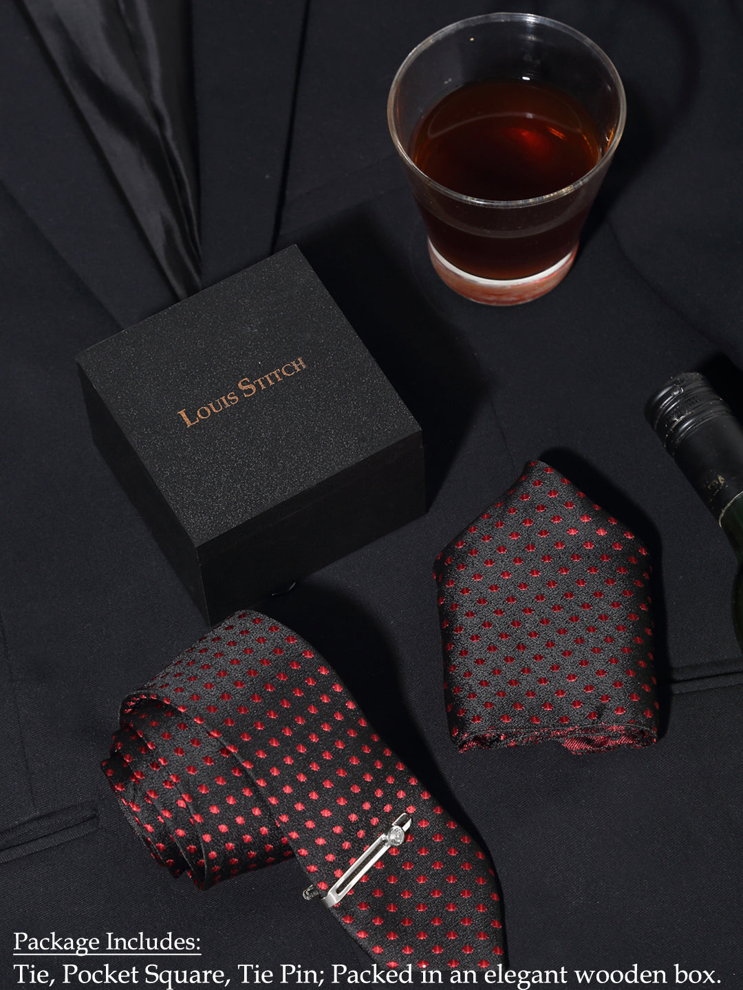 Polka Dotted Red Luxury Italian Silk Necktie Set With Pocket Square Chrome Tie pin