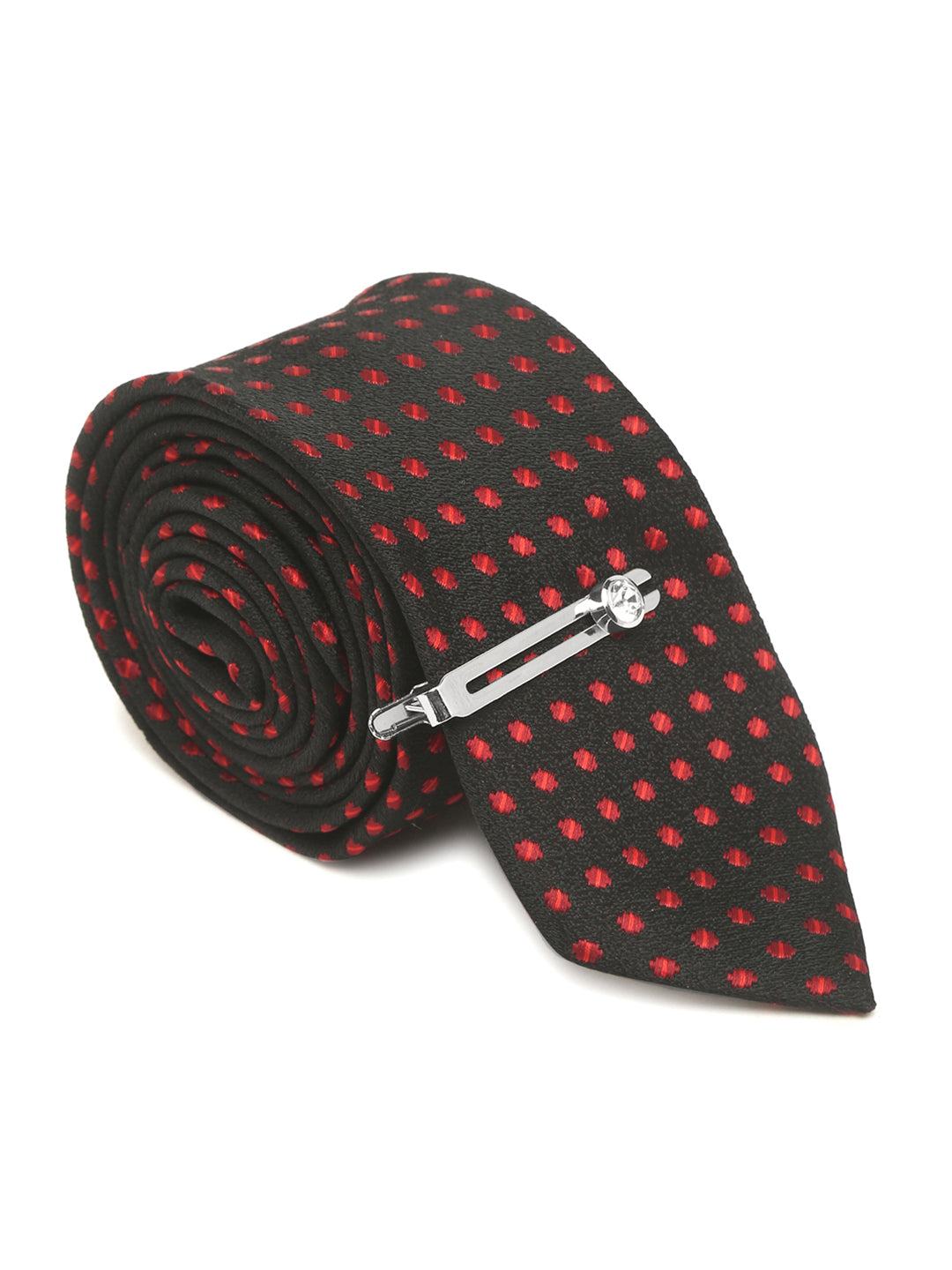 Polka Dotted Red Luxury Italian Silk Necktie Set With Pocket Square Chrome Tie pin